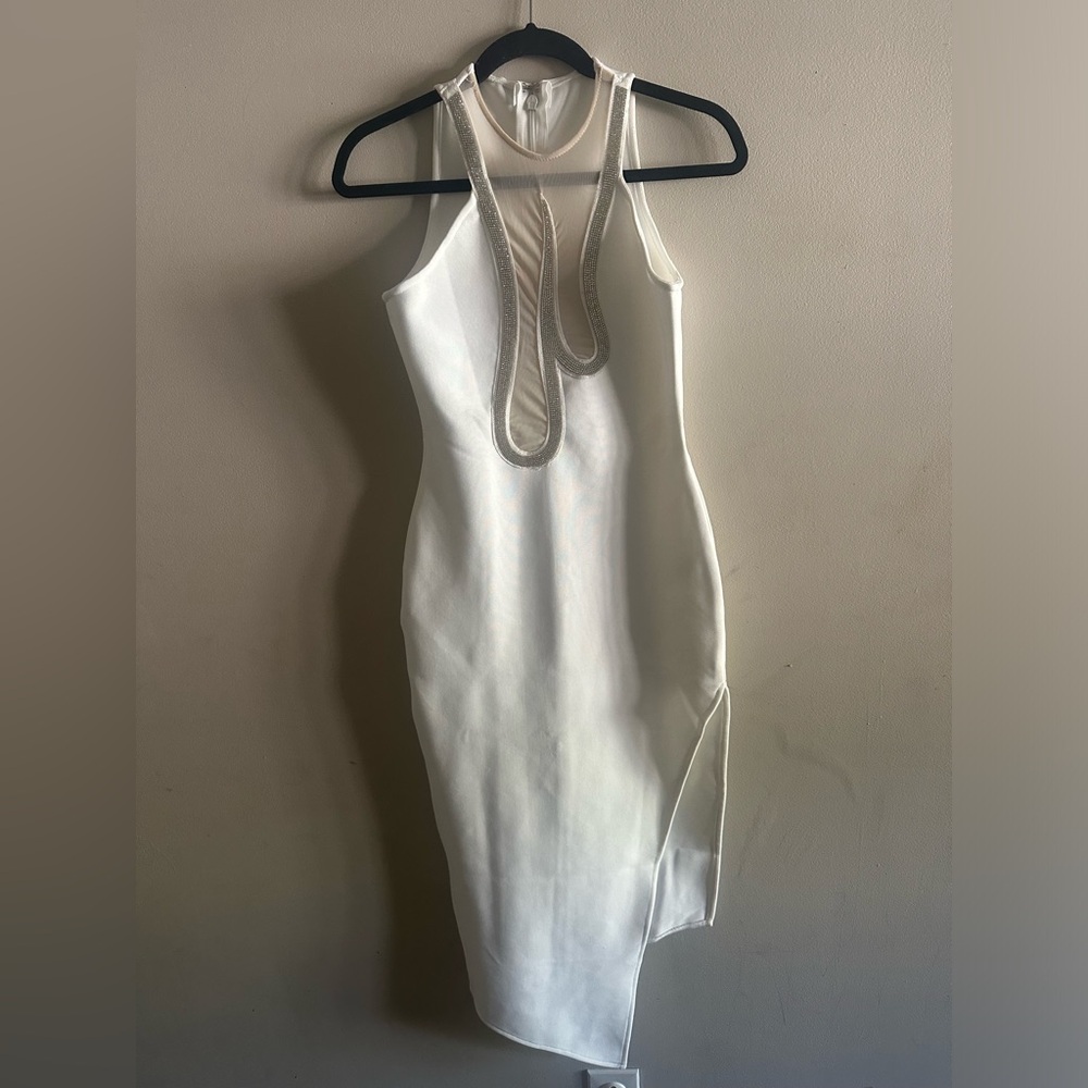 White Sleeveless Mesh-Insert Bodycon Dress